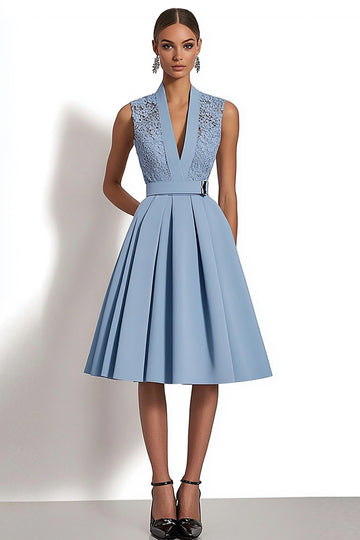 Blue Appliqued Midi Work Dress with Belt